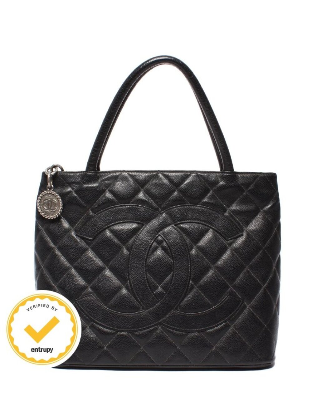 Chanel Tote Silver Quilted Caviar Leather Reprint